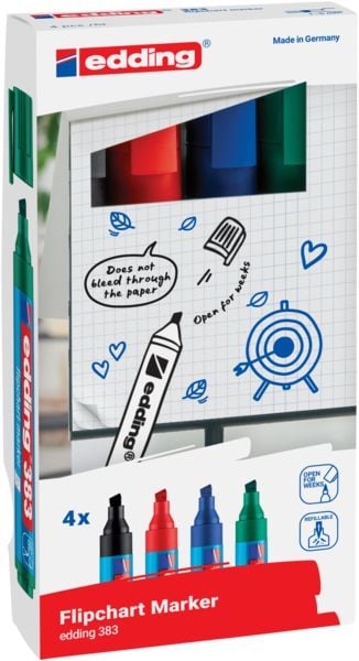 Produktbild: EDDING&reg; Flipchart Marker 383, 4er Etui (rot, blau, gr&uuml;n, schwarz) Kartonetui