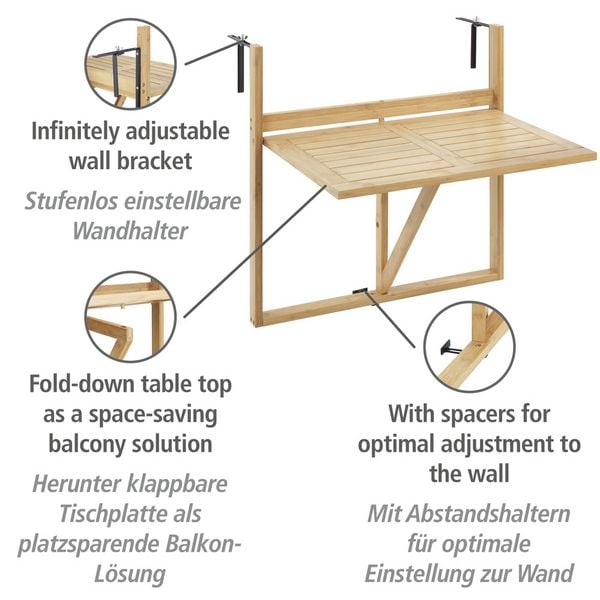 Produktbild: Bambus Balkon-Klapptisch Mod. Waikiki, zum Einh&auml;ngen an Balkongel&auml;nder