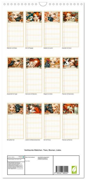 Produktbild: Familienplaner 2026 - Vertr&auml;umte M&auml;dchen. Tiere, Blumen, Liebe. mit 5 Spalten (Wandkalender, 21 x 45 cm) CALVENDO