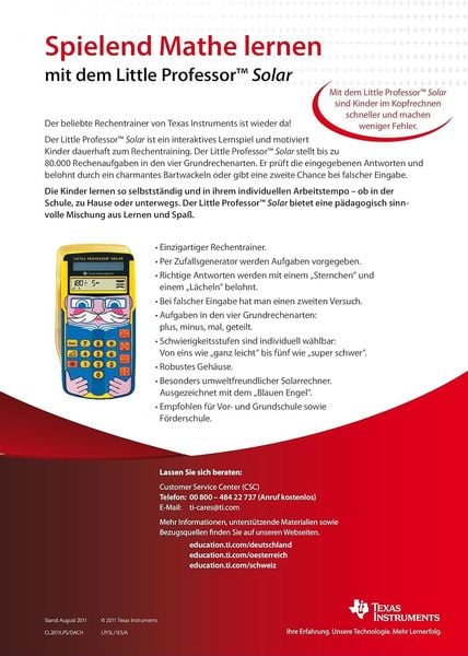 Produktbild: Texas Instruments Little Professor Rechentrainer f&uuml;r Vorschule und Grundschule, Solarbetrieben