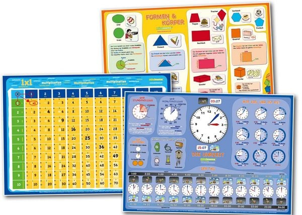 Produktbild: mindmemo Lernposter 3er Set Grundschule - Die Uhrzeit + Formen&K&ouml;rper + 1x1 Mathe