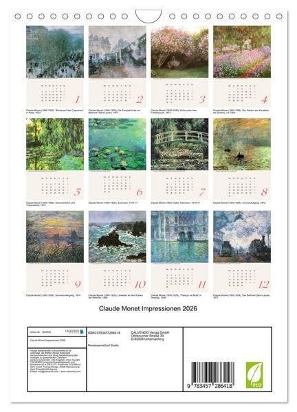 Produktbild: Claude Monet Impressionen 2026 (Wandkalender 2026 DIN A4 hoch), CALVENDO Monatskalender