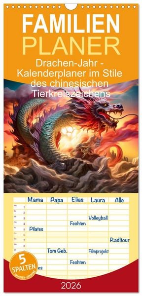 Produktbild: Familienplaner 2026 - Drachen-Jahr - Kalenderplaner im Stile des chinesischen Tierkreiszeichens mit 5 Spalten (Wandkalender, 21 x 45 cm) CALVENDO