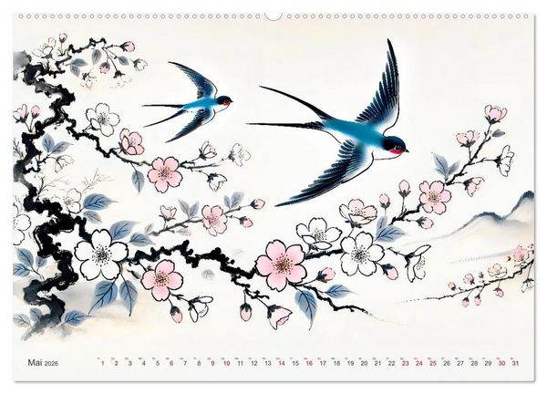 Produktbild: Federleicht - Vogelwelt im Stile asiatischer Tuschmalerei (Wandkalender 2026 DIN A2 quer), CALVENDO Monatskalender