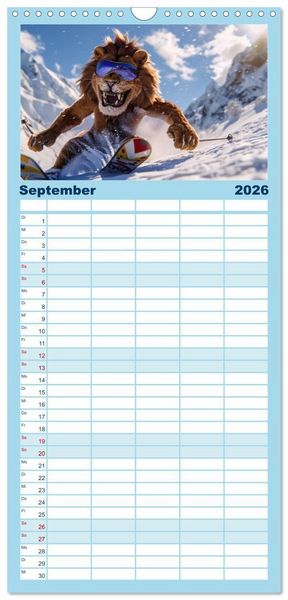 Produktbild: Familienplaner 2026 - Tierisch lustige Skifahrer mit 5 Spalten (Wandkalender, 21 x 45 cm) CALVENDO