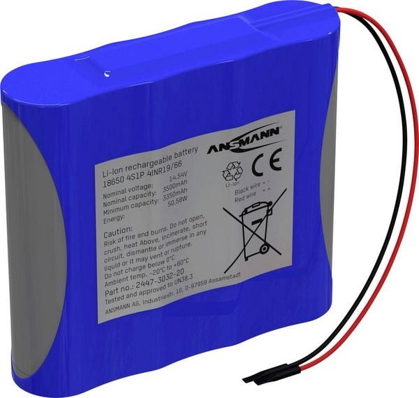 Ansmann 4S1P Akkupack 4x 18650 Kabel Li-Ion 14.5V 3500mAh Akkupack 4x Li-Ion 14.5V 3500 mAh