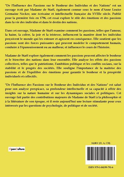 Produktbild: De l'Influence des Passions sur le Bonheur des Individus et des Nations
