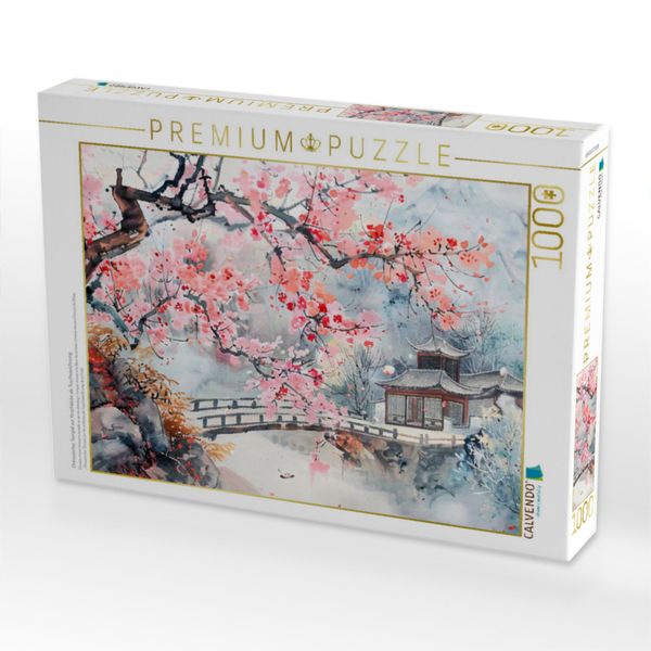 Produktbild: CALVENDO Puzzle Chinesischer Tempel zur Kirschbl&uuml;te als Tuschezeichnung | 1000 Teile Lege-Gr&ouml;&szlig;e 64x48cm Foto-Puzzle f&uuml;r gl&uuml;ckliche Stunden