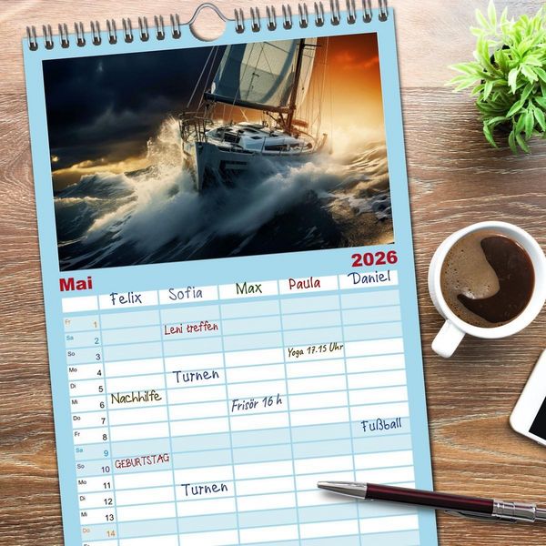 Produktbild: Familienplaner 2026 - Mit dem Wind um die Welt - segeln mit 5 Spalten (Wandkalender, 21 x 45 cm) CALVENDO