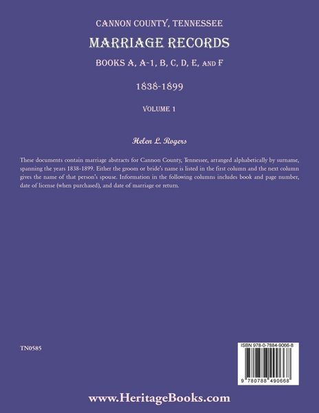 Produktbild: Cannon County, Tennessee Marriage Records, Books A, A-1, B, C, D, E, and F, 1838-1899, Volume 1