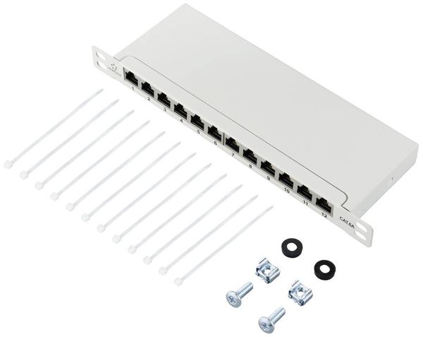 Produktbild: Renkforce RF-4996628 12 Port Patch-Panel 254mm (10") CAT 6a 0.5 HE Grau Best&uuml;ckt