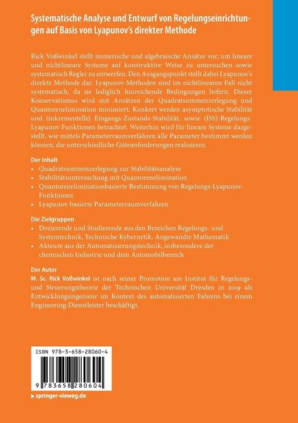 Produktbild: Systematische Analyse und Entwurf von Regelungseinrichtungen auf Basis von Lyapunov's direkter Methode