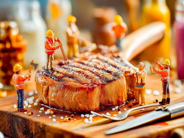 CALVENDO Puzzle Miniatur Bauarbeiter prüfen Steak mit Thermometer neben glänzendem Besteck | 1000 Teile Lege-Größe 64x48cm Foto-Puzzle für glückliche Stunden
