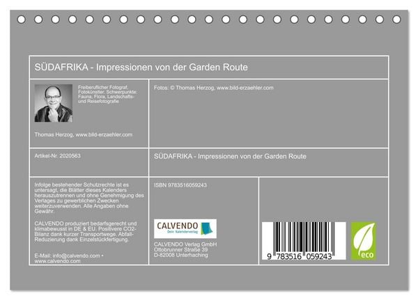 Produktbild: S&Uuml;DAFRIKA - Impressionen von der Garden Route (Tischkalender 2026 DIN A5 quer), CALVENDO Monatskalender