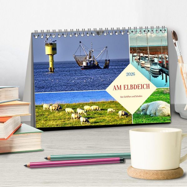 Produktbild: Am Elbdeich - Von Schiffen und Schafen (Tischkalender 2026 DIN A5 quer), CALVENDO Monatskalender