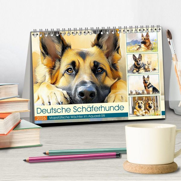 Produktbild: Deutsche Sch&auml;ferhunde. Majest&auml;tische W&auml;chter im Aquarell-Stil (Tischkalender 2026 DIN A5 quer), CALVENDO Monatskalender