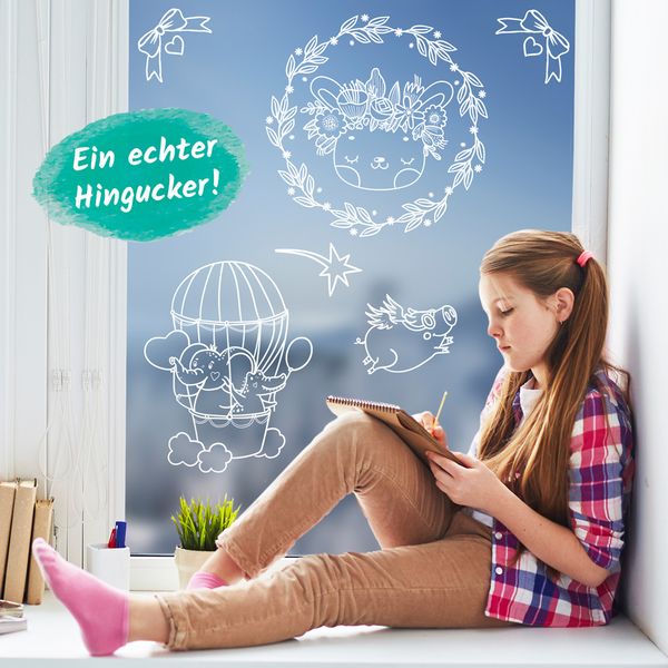 Produktbild: Tr&ouml;tsch Wundersch&ouml;ne Fensterbilder mit Kreidemarker Mappe mit Vorlagen und Kreidemarker Lustige Tiere