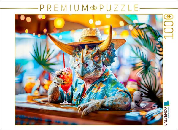 CALVENDO Puzzle Cocktailstunde - Dino an der Strandbar | 1000 Teile Lege-Größe 64x48cm Foto-Puzzle für glückliche Stunden