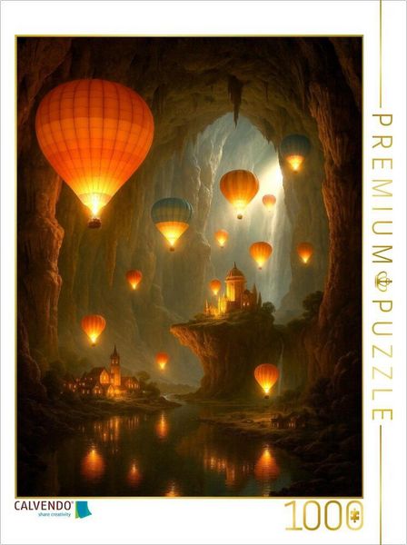 Produktbild: CALVENDO Puzzle N&auml;chtliches Schweben voll Magie - Hei&szlig;luftballons in einer riesigen H&ouml;hle | 1000 Teile Lege-Gr&ouml;&szlig;e 64x48cm Foto-Puzzle f&uuml;r gl&uuml;ckliche S
