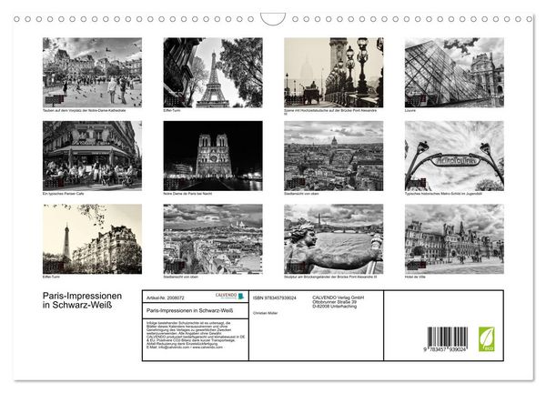 Produktbild: Paris-Impressionen in Schwarz-Wei&szlig; (Wandkalender 2026 DIN A3 quer), CALVENDO Monatskalender