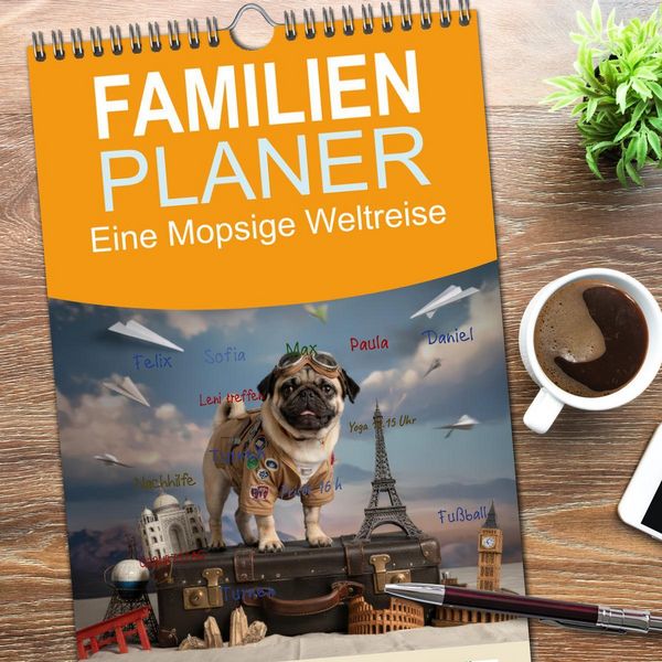 Produktbild: Familienplaner 2026 - Eine Mopsige Weltreise mit 5 Spalten (Wandkalender, 21 x 45 cm) CALVENDO
