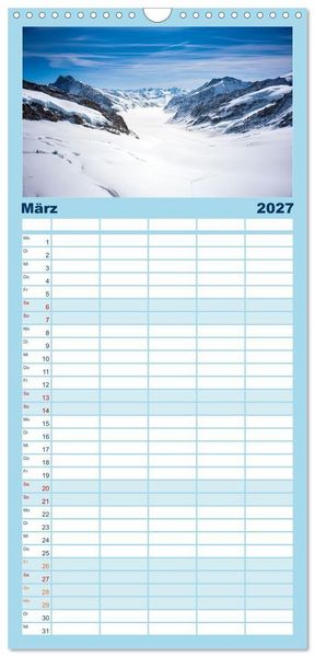 Produktbild: Familienplaner 2027 - Matterhorn - Eiger, M&ouml;nch und Jungfrau: Rund um die zeitlosen Gipfel mit 5 Spalten (Wandkalender, 21 x 45 cm) CALVENDO