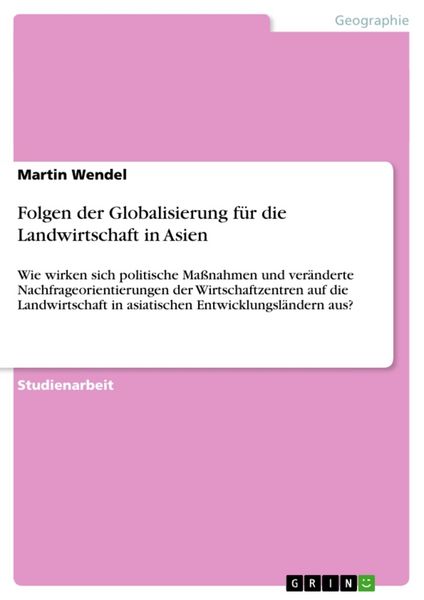 Produktbild: Folgen der Globalisierung f&uuml;r die Landwirtschaft in Asien