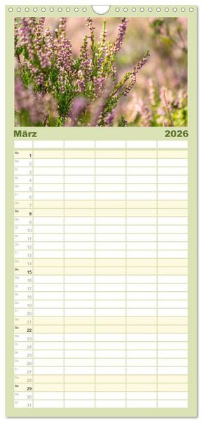 Produktbild: Familienplaner 2026 - Zauberhaftes Heidekraut - Elbsandstein mit 5 Spalten (Wandkalender, 21 x 45 cm) CALVENDO