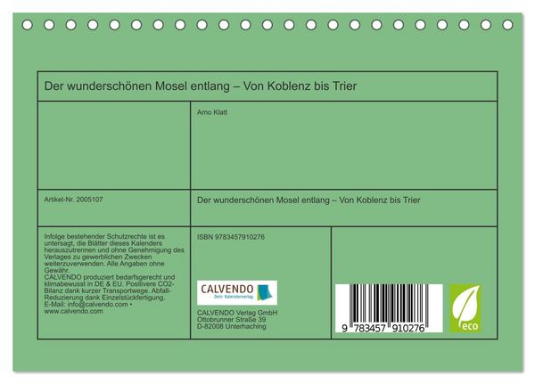 Produktbild: Der wundersch&ouml;nen Mosel entlang &ndash; Von Koblenz bis Trier (Tischkalender 2026 DIN A5 quer), CALVENDO Monatskalender