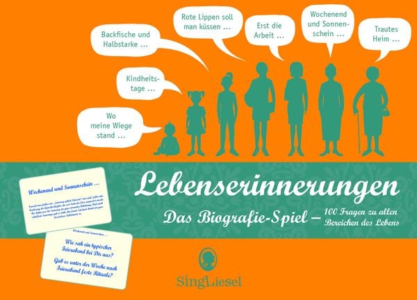 Produktbild: Lebenserinnerungen: Das Erinnerungsspiel. Ein heiter-besinnlich-vergn&uuml;gliche Kartenspiel mit 100 Fragen zu allen Abschnitten des Lebens. Eine liebevolle Geschenkidee. Nicht nur f&uuml;r Senioren.