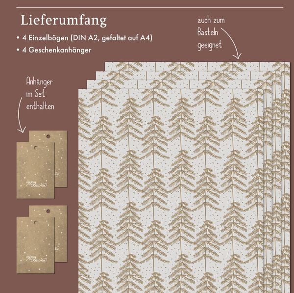 Produktbild: Geschenkpapier Set Weihnachten f&uuml;r Erwachsene: Tanne (grau, braun, schlicht, modern, edel)