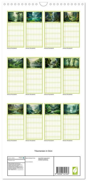 Produktbild: Familienplaner 2027 - Tr&auml;umereien in Gr&uuml;n mit 5 Spalten (Wandkalender, 21 x 45 cm) CALVENDO