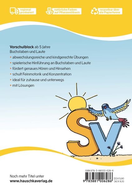 Vorschulblock ab 5 Jahre für Junge und Mädchen - Buchstaben und Laute