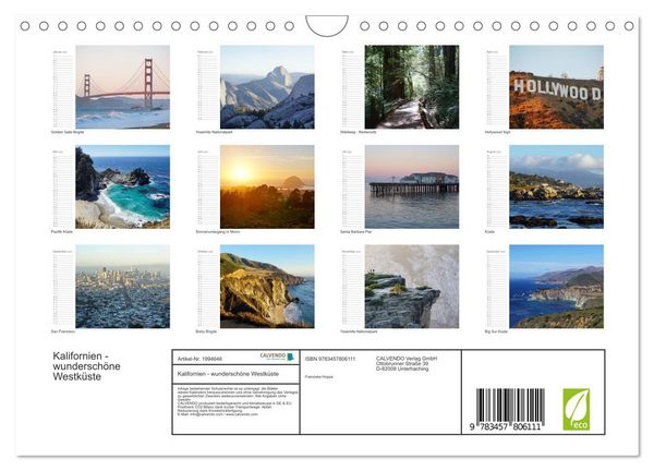 Produktbild: Kalifornien - wundersch&ouml;ne Westk&uuml;ste (Wandkalender 2026 DIN A4 quer), CALVENDO Monatskalender