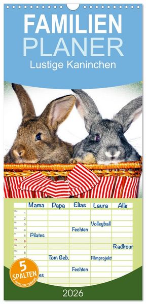 Produktbild: Familienplaner 2026 - Lustige Kaninchen mit 5 Spalten (Wandkalender, 21 x 45 cm) CALVENDO