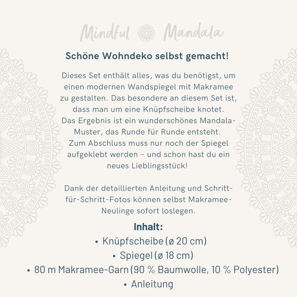 Produktbild: Mindful Mandala - Makramee-Kn&uuml;pf-Set: Wandspiegel. Mit Anleitung und Material zum Selberkn&uuml;pfen