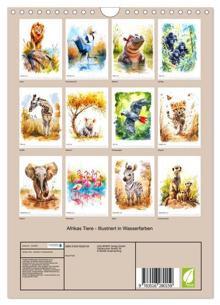 Produktbild: Afrikas Tiere - Illustriert in Wasserfarben (Wandkalender 2026 DIN A4 hoch), CALVENDO Monatskalender