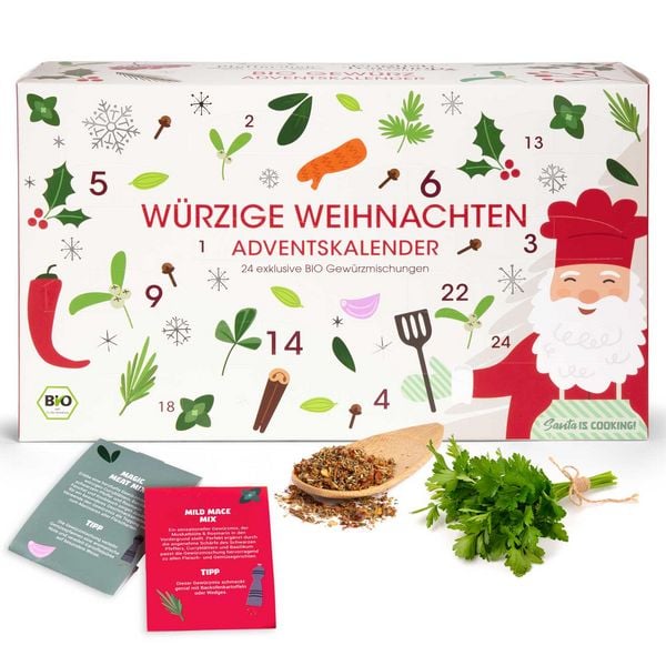 Produktbild: W&uuml;rzige Weihnachten BIO Gew&uuml;rz Adventskalender mit Gew&uuml;rzen und Rezeptideen
