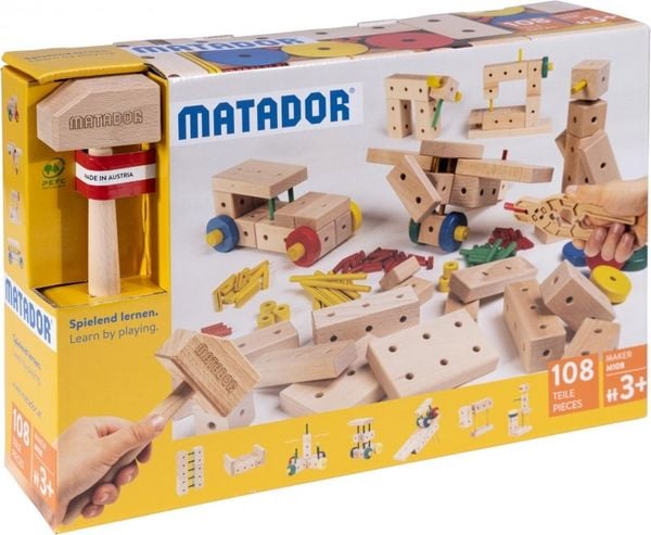 MATADOR 21108 - Maker M108, Baukasten, Holz, 108 Teile, Konstruktionsbaukasten, ab 3 Jahren, Spielend lernen!