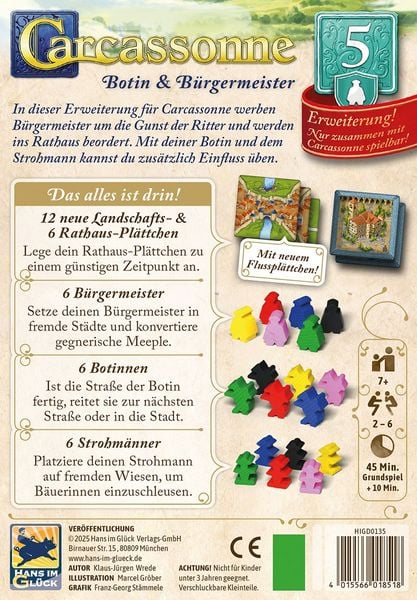 Produktbild: Hans im Gl&uuml;ck HIGD0135 - Carcassonne, Botin & B&uuml;rgermeister (Auflage 2025), 5. Erweiterung