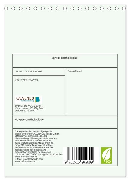 Produktbild: Voyage ornithologique (Calendrier de bureau 2027 DIN A5 horizontal), CALVENDO calendrier mensuel
