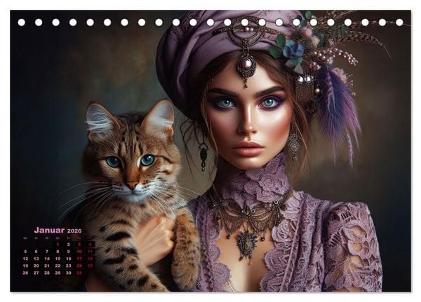 Produktbild: Luxuri&ouml;ser Bohemian Flair - Elegante Frauen mit anmutigen Katzen (Tischkalender 2026 DIN A5 quer), CALVENDO Monatskalender