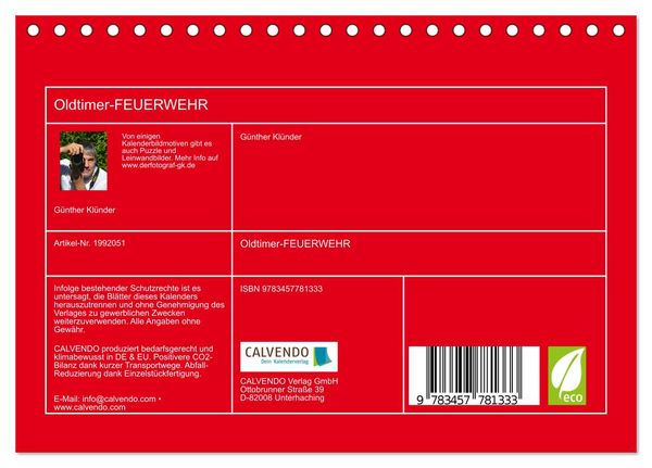 Produktbild: Oldtimer-FEUERWEHR (Tischkalender 2026 DIN A5 quer), CALVENDO Monatskalender