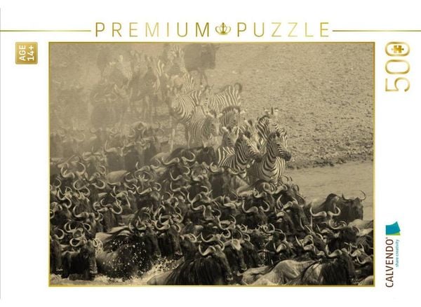 CALVENDO Puzzle Gnuwanderung in der Masai Mara im Vintage Look | 500 Teile Lege-Größe 48 × 36 cm Foto-Puzzle für Erwachsene