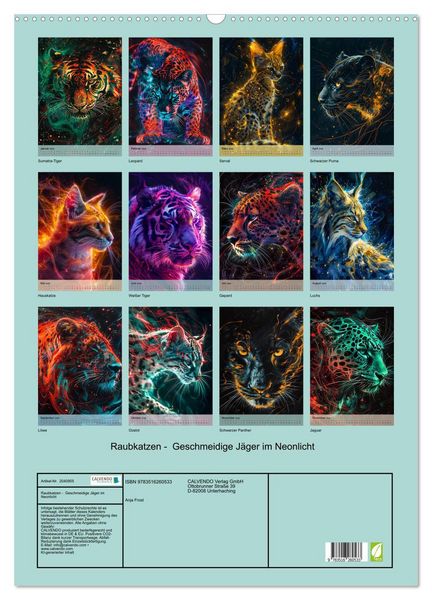 Produktbild: Raubkatzen - Geschmeidige J&auml;ger im Neonlicht (Wandkalender 2026 DIN A2 hoch), CALVENDO Monatskalender