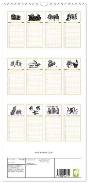 Produktbild: Familienplaner 2026 - owls & friends 2026 mit 5 Spalten (Wandkalender, 21 x 45 cm) CALVENDO