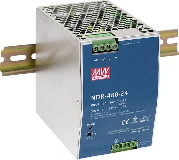 Produktbild: MEAN WELL NDR-480-24 Hutschienen-Netzteil (DIN-Rail) 20 A 480 W Anzahl Ausg&auml;nge:1 x Inhalt 1 St.