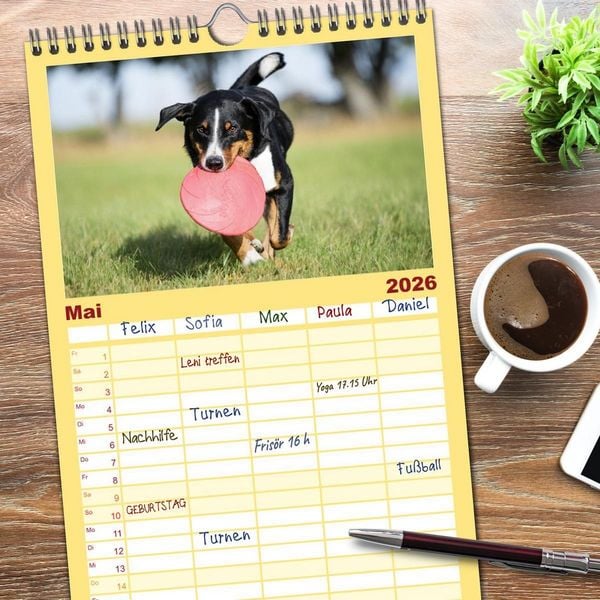 Produktbild: Familienplaner 2026 - Appenzeller Sennenhunde - Fr&ouml;hliche Kameraden mit 5 Spalten (Wandkalender, 21 x 45 cm) CALVENDO