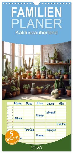 Produktbild: Familienplaner 2026 - Kaktuszauberland mit 5 Spalten (Wandkalender, 21 x 45 cm) CALVENDO
