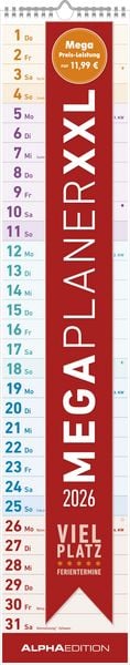 Produktbild: Megaplaner XXL 2026 - Streifen-Kalender 18x86 cm - mit Ferienterminen - viel Platz für Notizen - Wandplaner - Küchenkalender - Alpha Edition